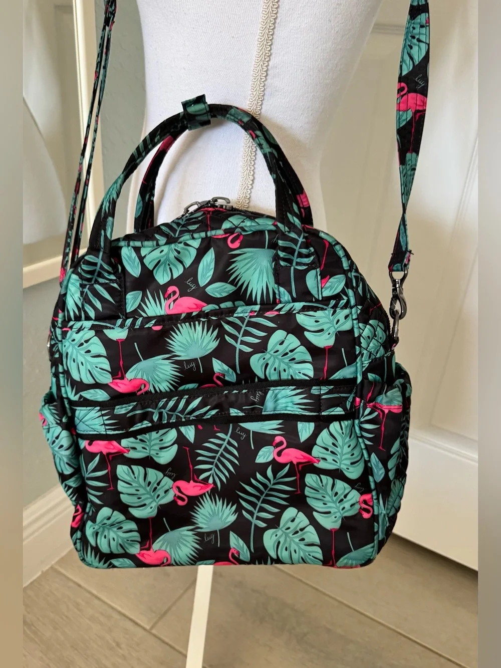 Lug Mini Puddle Jumper Flamingo Black Tropical Travel Tote Bag Discontinued